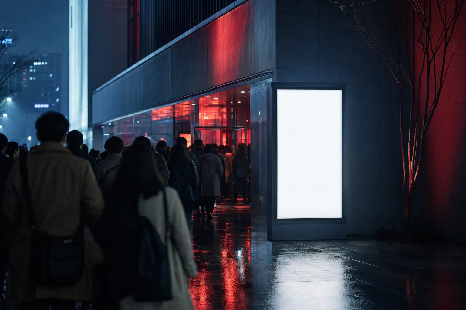 A modern Seoul cinema at night with a crowd and a blank glowing poster display, evoking a Korean horror film milestone.