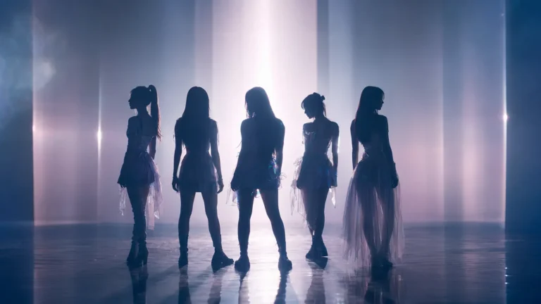 Cinematic K-pop comeback teaser scene with five anonymous performers in a modern Seoul studio