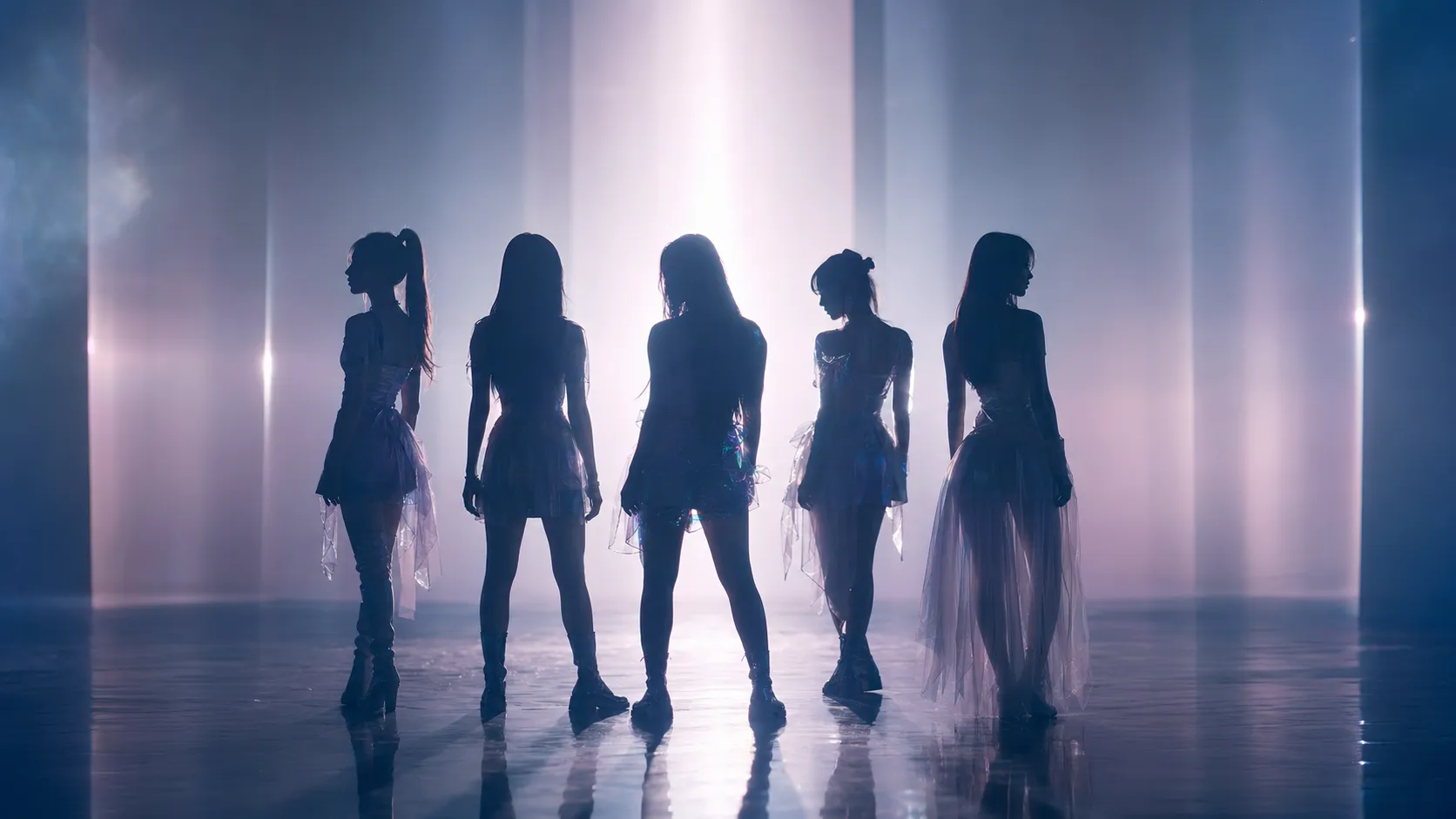 Cinematic K-pop comeback teaser scene with five anonymous performers in a modern Seoul studio