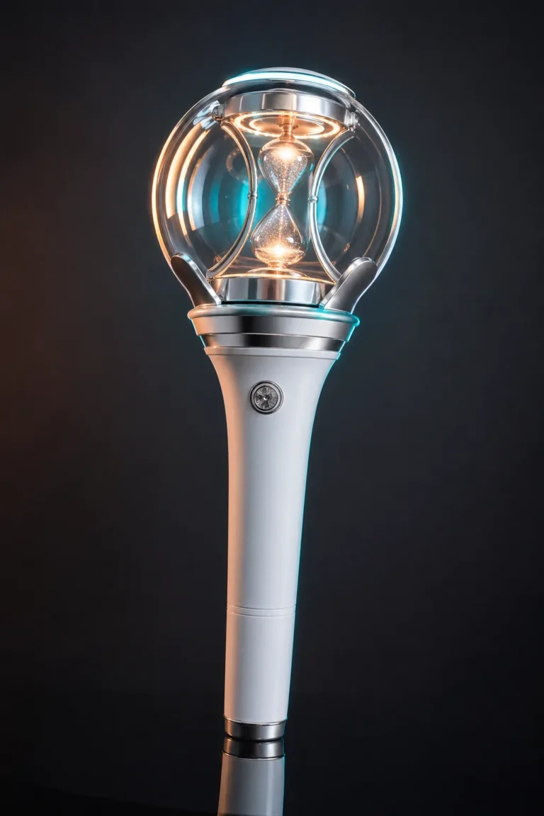 Photorealistic ATEEZ-inspired LIGHTINY V3 lightstick with hourglass motif and cinematic lighting.
