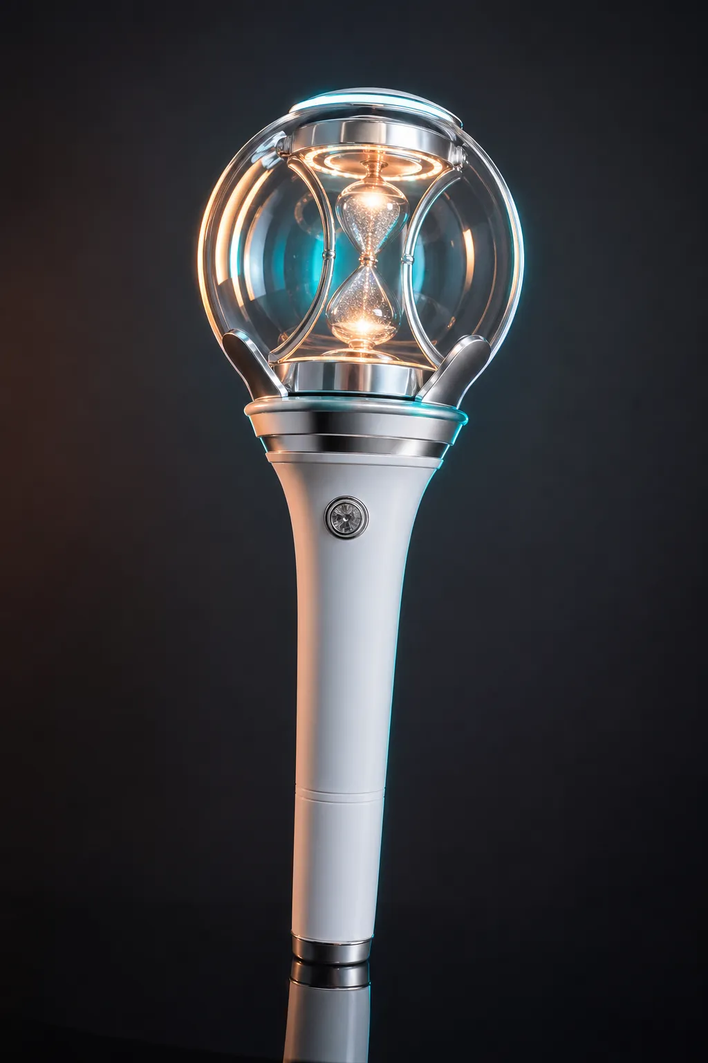 Photorealistic ATEEZ-inspired LIGHTINY V3 lightstick with hourglass motif and cinematic lighting.