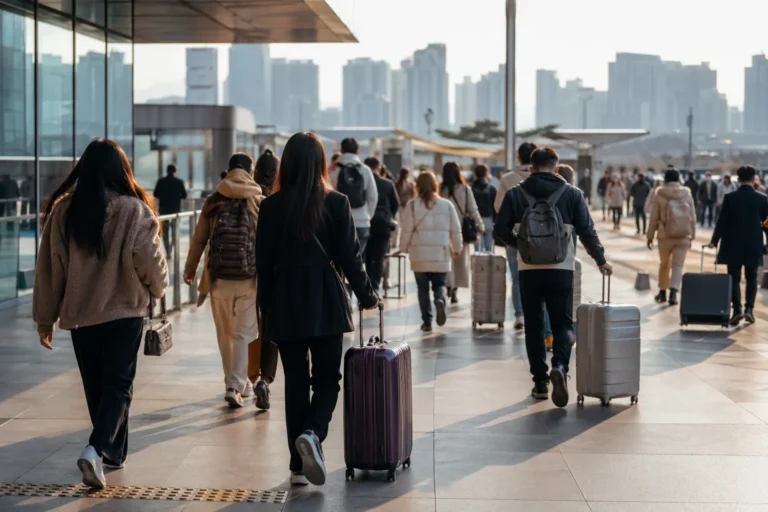 Foreign tourists arrive in South Korea during a record March visitor surge.