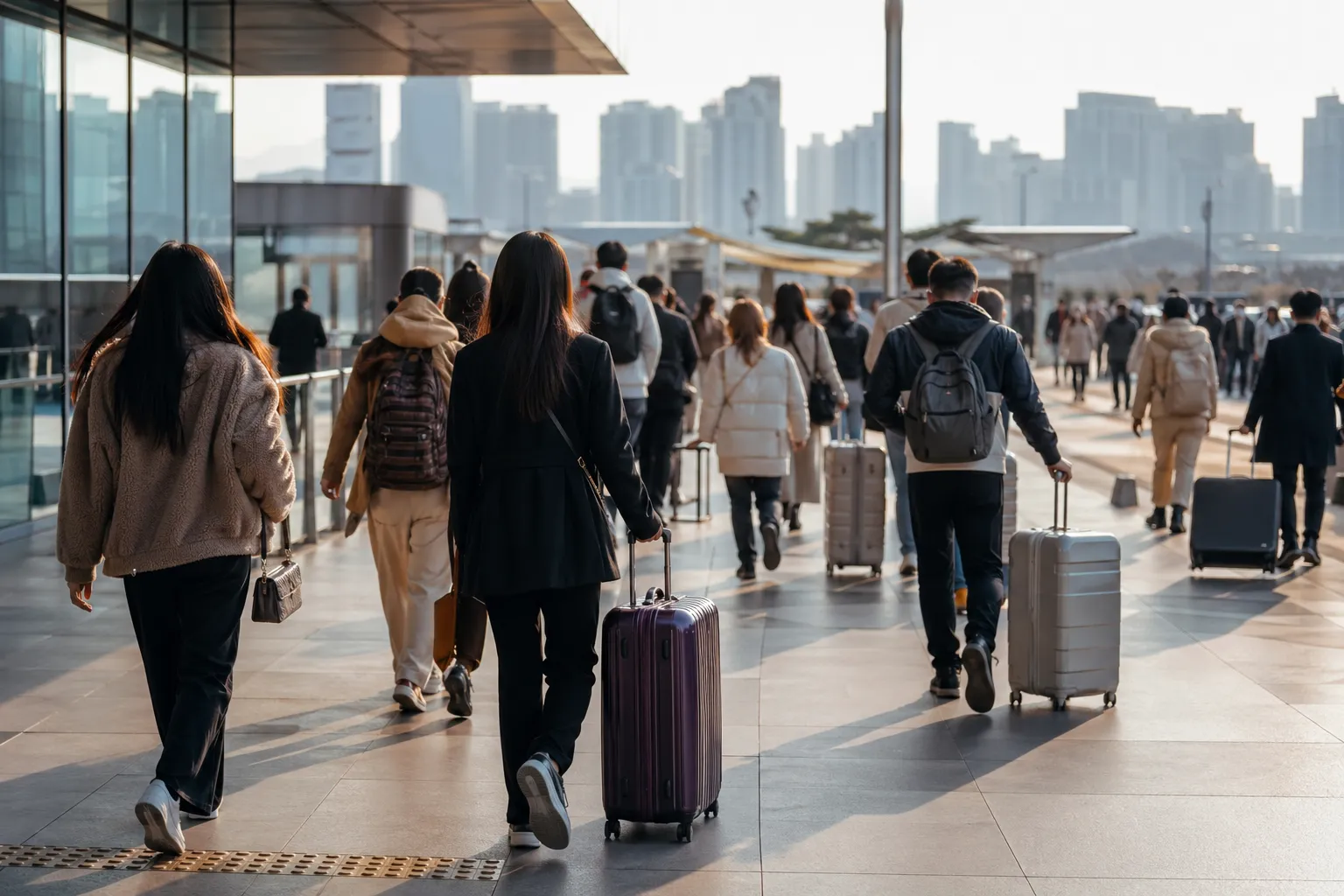 Foreign tourists arrive in South Korea during a record March visitor surge.