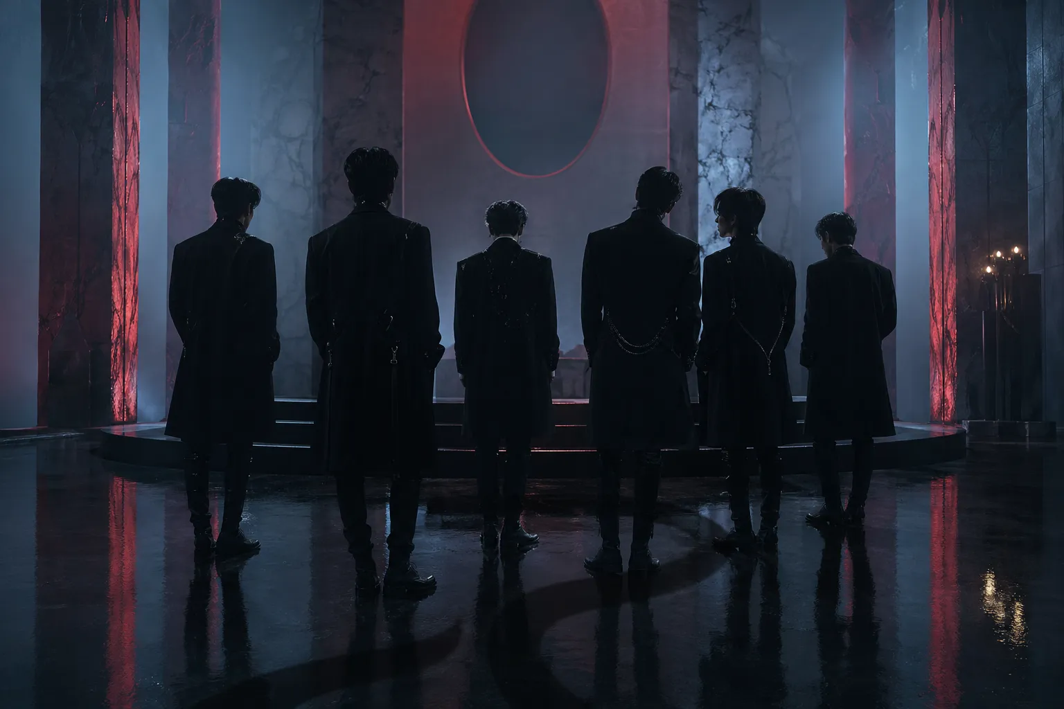 Silhouetted K-pop performers in seminary-inspired styling inside a dark cinematic chapel setting with serpent imagery.