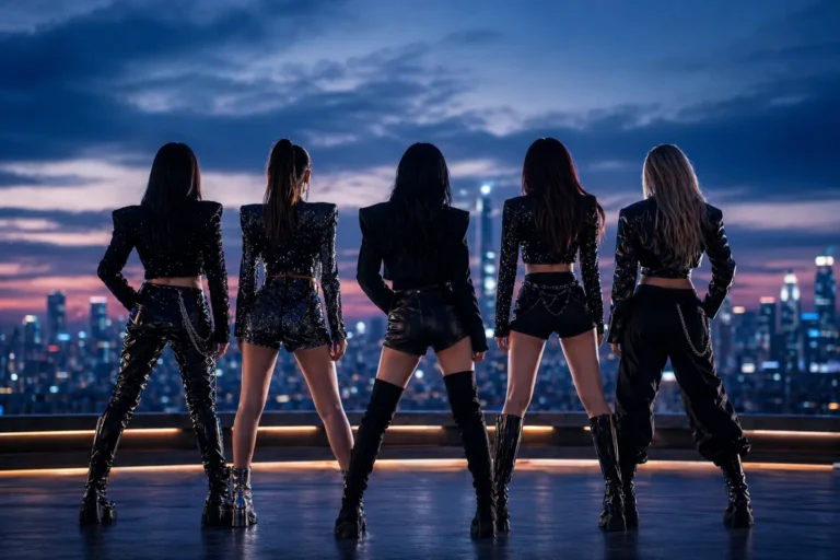 Silhouetted K-pop group on a Seoul rooftop in bold balanced comeback styling