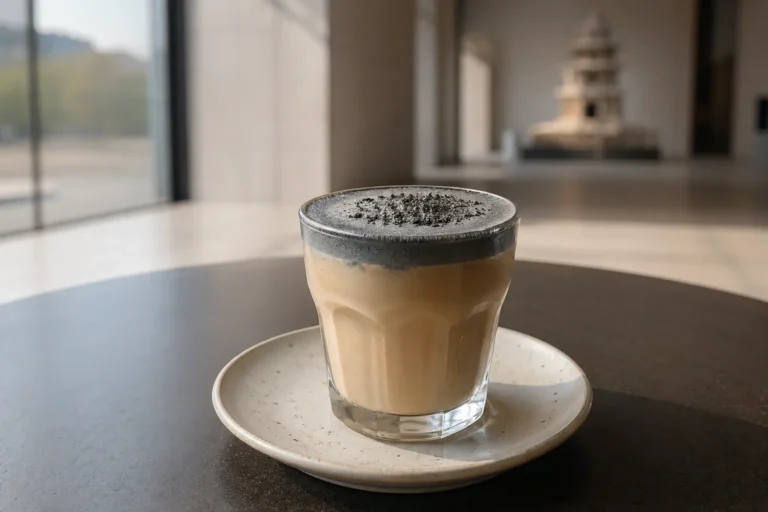Black sesame latte on a clean museum cafe table with a softly blurred Seoul museum interior behind it