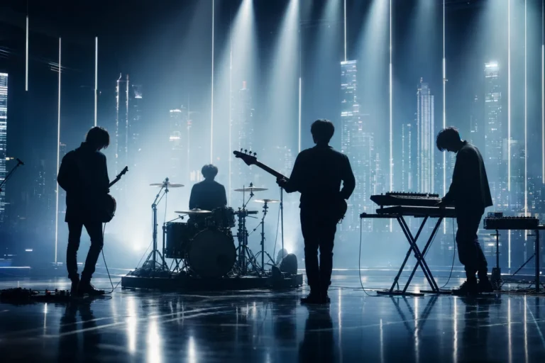 Four-member K-band silhouetted on a cinematic Seoul stage for a confident comeback mood.