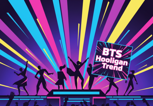 Thumbnail showing silhouettes of five performers on a lit stage with a cheering crowd silhouette and a floating album title, in a bright neon vector illustration