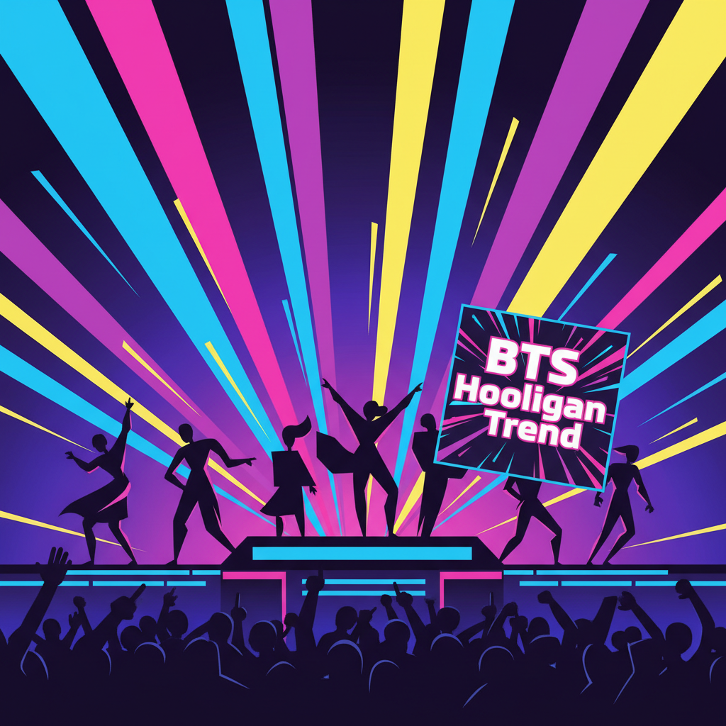 Thumbnail showing silhouettes of five performers on a lit stage with a cheering crowd silhouette and a floating album title, in a bright neon vector illustration