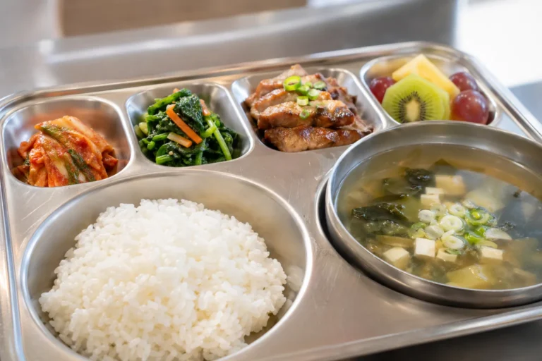 Course-style Korean school lunch tray with rice, soup, side dishes, protein and fruit dessert.