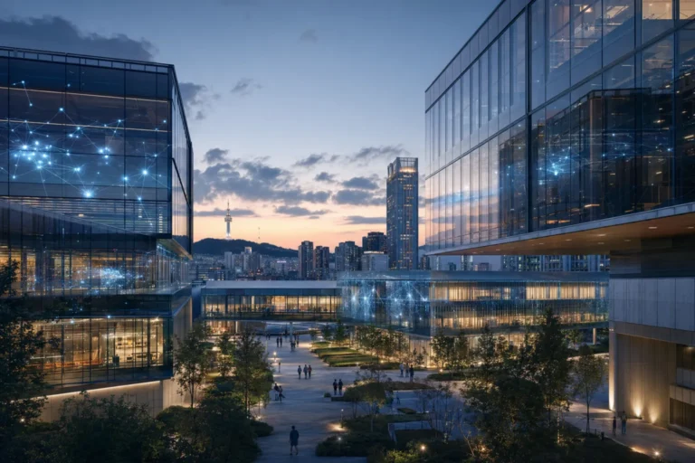 A futuristic AI research campus in Seoul symbolizing Google AI Campus in Korea and national AI partnership.
