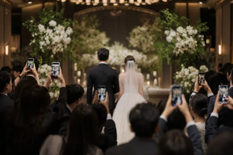 Private Seoul wedding scene with guests filming an unidentified bride and groom from behind, evoking a leaked ceremony photo controversy.