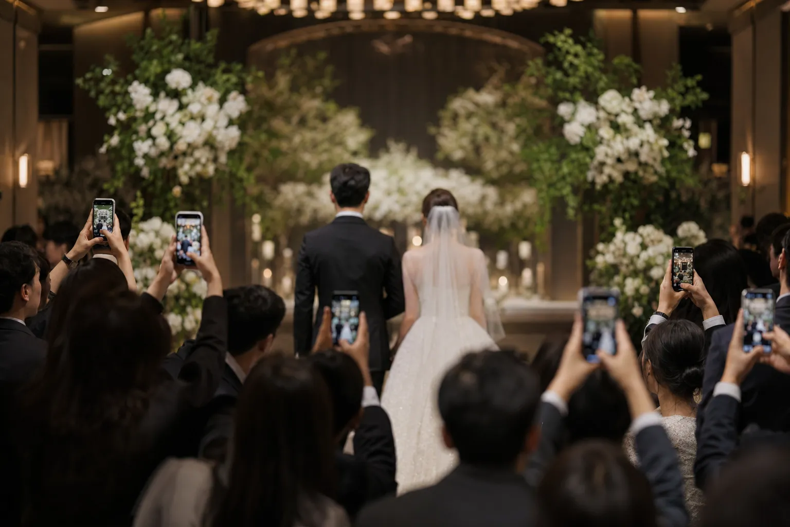 Private Seoul wedding scene with guests filming an unidentified bride and groom from behind, evoking a leaked ceremony photo controversy.