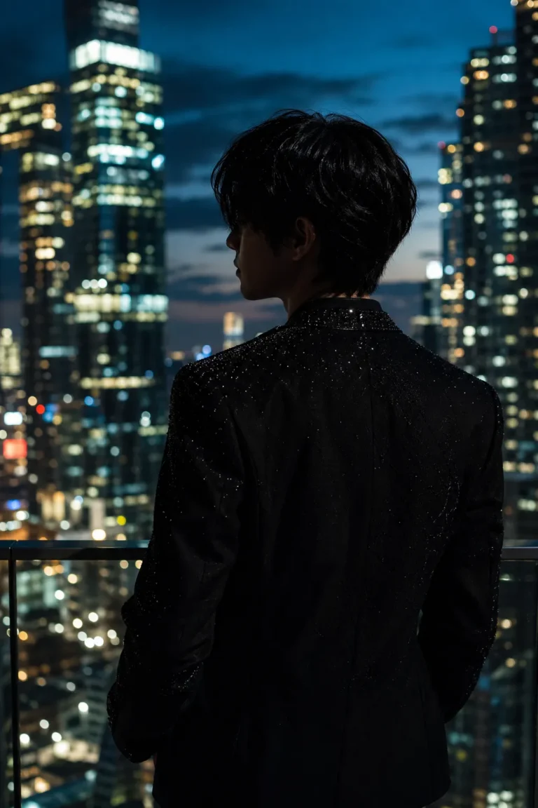 A stylish K-pop solo artist silhouette on a Seoul rooftop at dusk, suggesting a polished solo comeback.