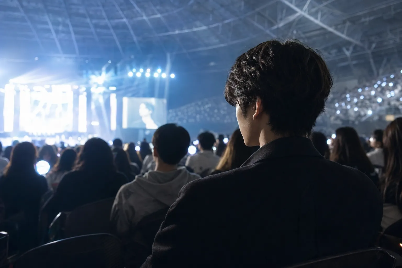 A discreet former idol-like figure watching a K-pop concert in a Seoul arena from the audience.