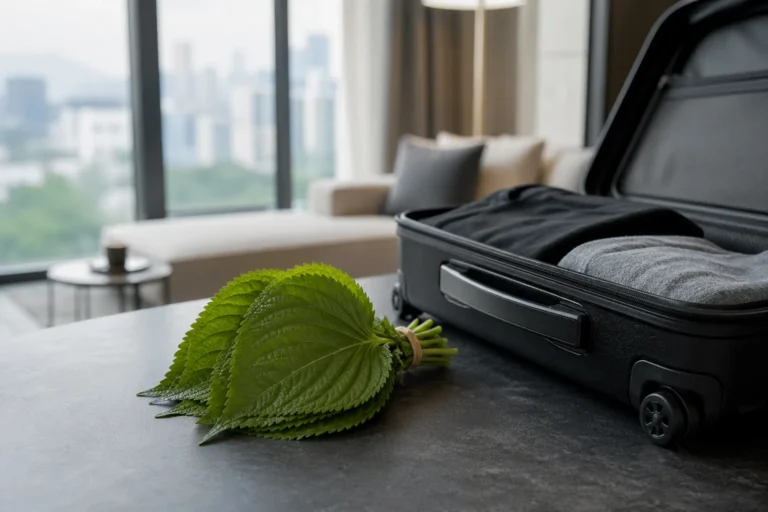 Fresh perilla leaves beside an open travel suitcase, suggesting U.S. entry restrictions on plant products.