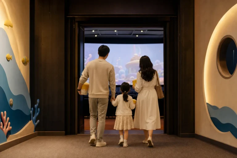 A family entering a modern cinema for a children’s animated sing-along movie release.