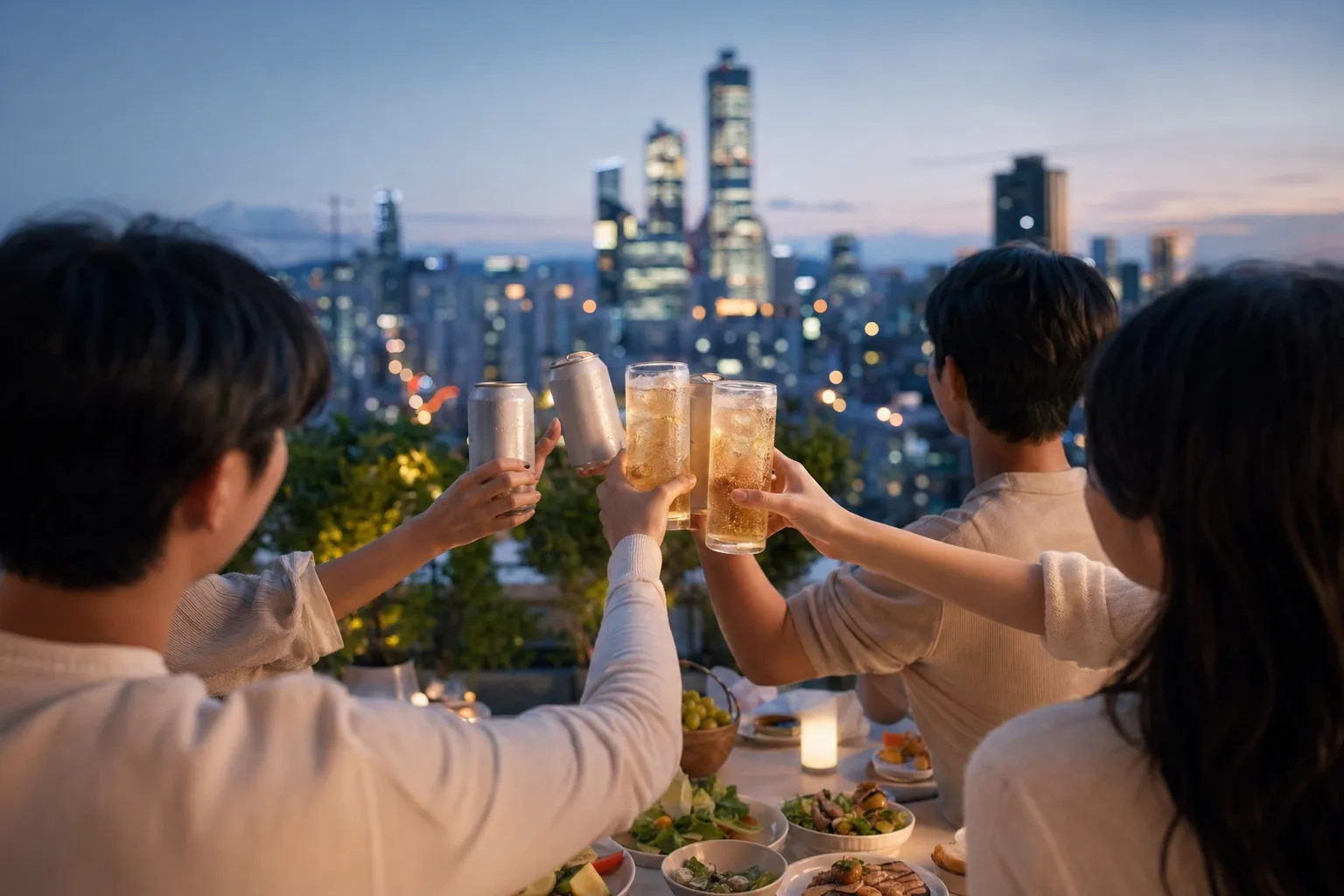Young consumers in Seoul share non-alcoholic beer at a modern rooftop gathering.