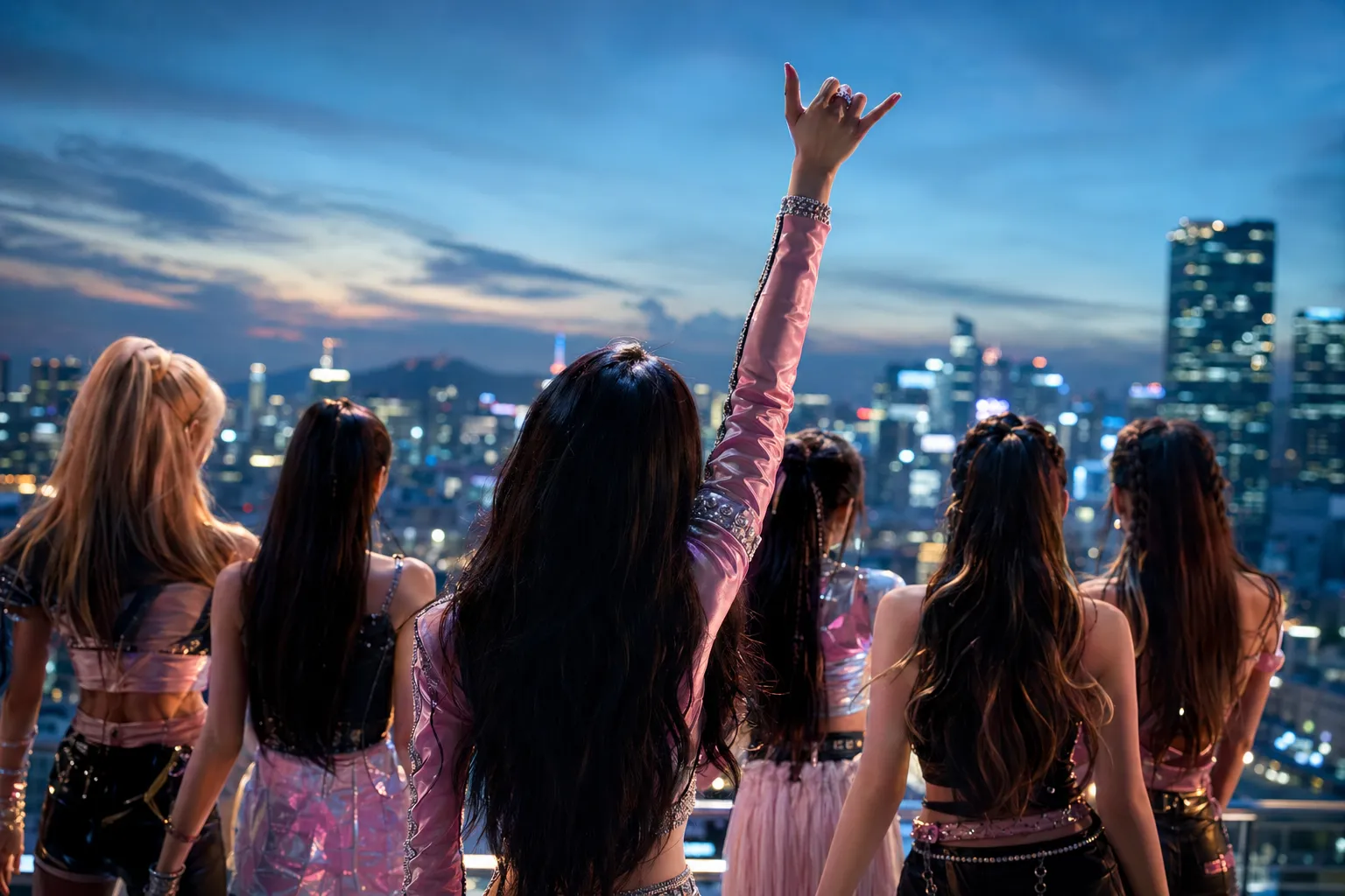 Silhouetted K-pop performers in Seoul with a pinky-up gesture and cinematic lighting.