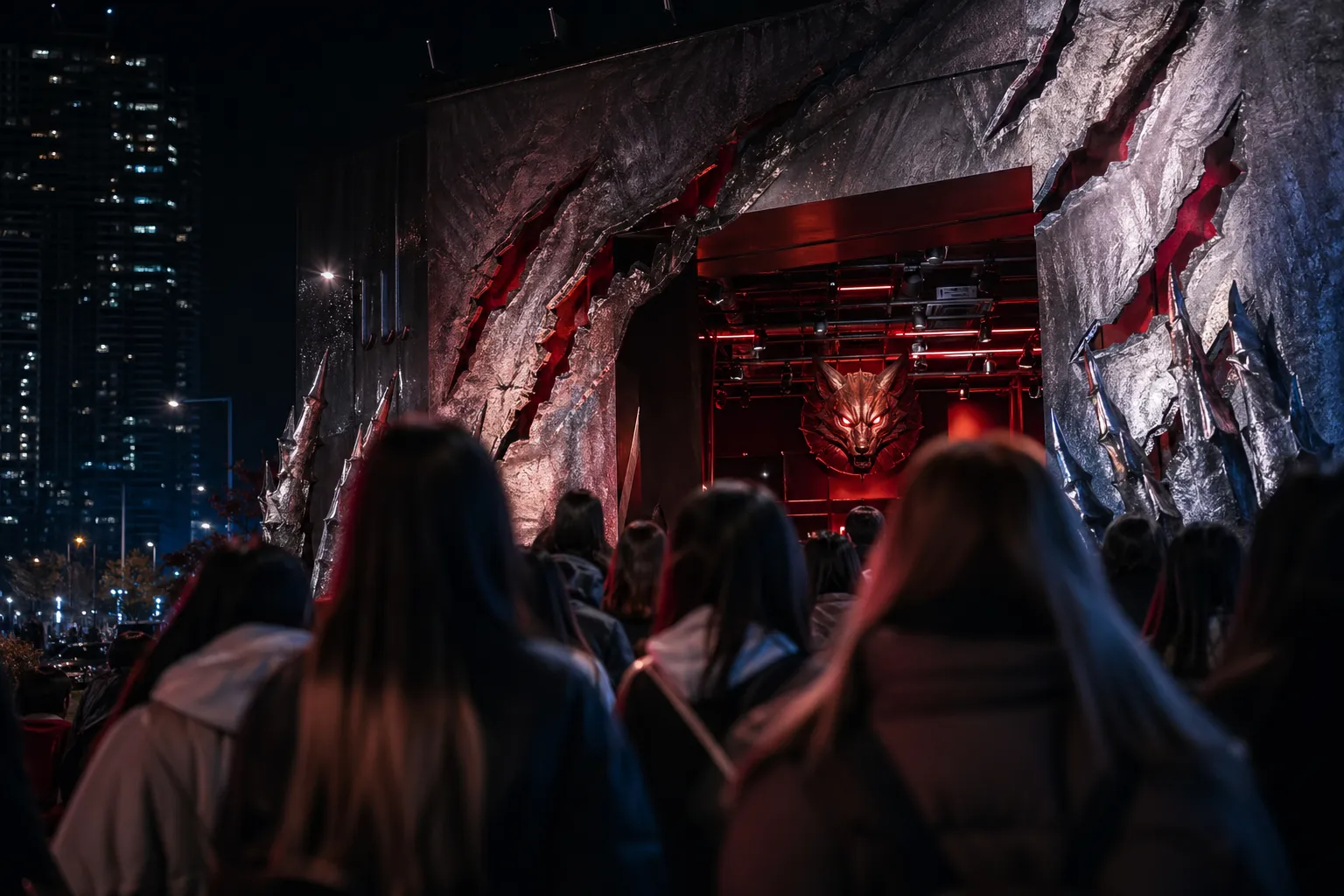 Cinematic Seoul pop-up entrance with werewolf-themed lighting and fans silhouetted from behind.