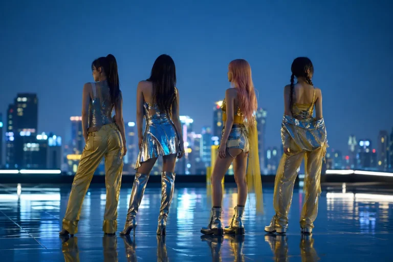 Silhouetted K-pop group on a cinematic Seoul rooftop with lemon-yellow futuristic comeback styling