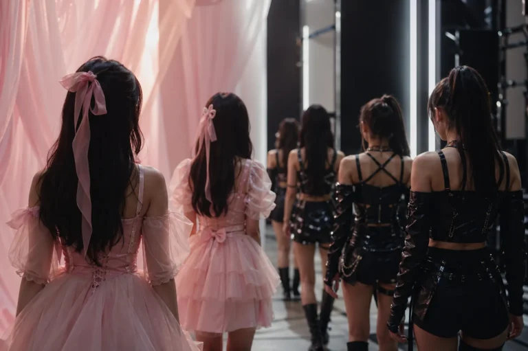 Faceless K-pop performers in a Seoul studio between pastel innocent styling and a sharper modern concept.