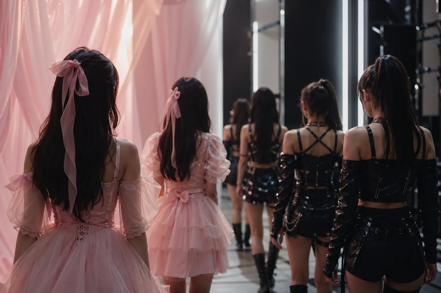 Faceless K-pop performers in a Seoul studio between pastel innocent styling and a sharper modern concept.