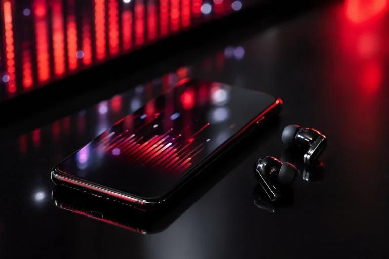A cinematic close-up of a smartphone and earbuds with red music-chart inspired lighting, representing CORTIS REDRED entering a global streaming Top 100.