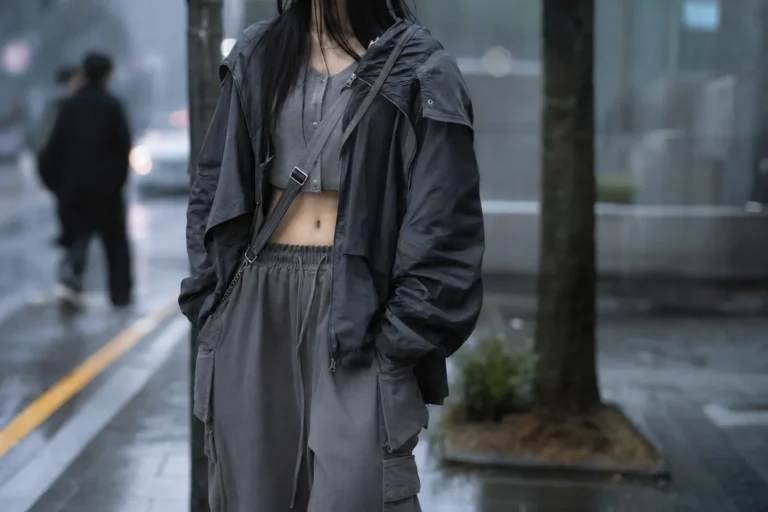 Faceless K-pop inspired model in muted Acubi streetwear on a blurred Seoul street.