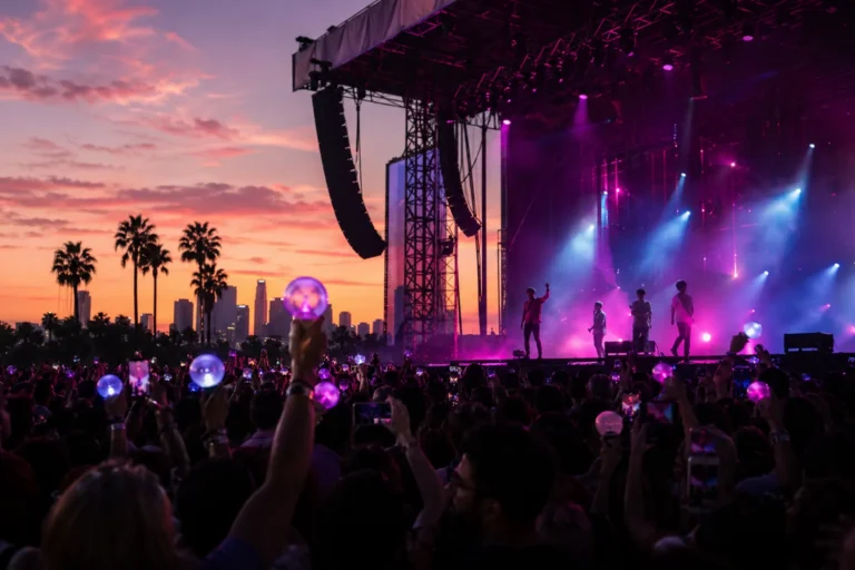 KCON LA 2026 lineup concept image showing a cinematic Los Angeles K-culture festival crowd and stage