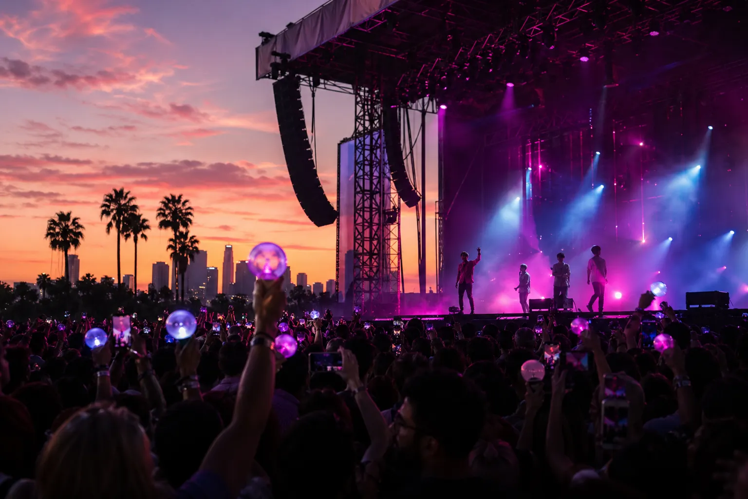 KCON LA 2026 lineup concept image showing a cinematic Los Angeles K-culture festival crowd and stage