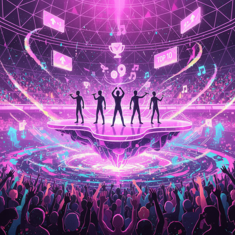 Thumbnail showing a futuristic metaverse concert stage with silhouettes of performers and Billboard chart symbols