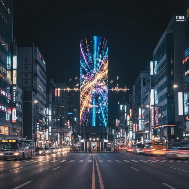 Billboard celebrating Kiss of Life's M Countdown win overlooking a Seoul night street