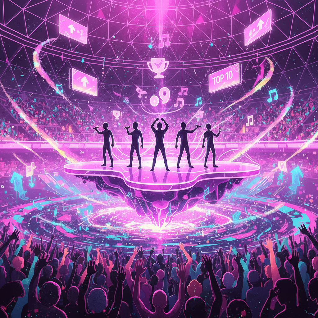 Thumbnail showing a futuristic metaverse concert stage with silhouettes of performers and Billboard chart symbols