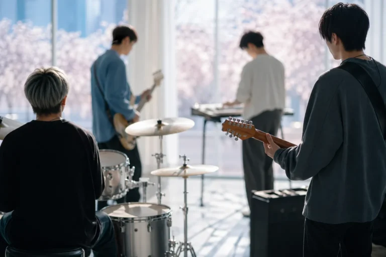 QWER 4월 컴백 concept image showing a bright Seoul K-band comeback atmosphere for CEREMONY