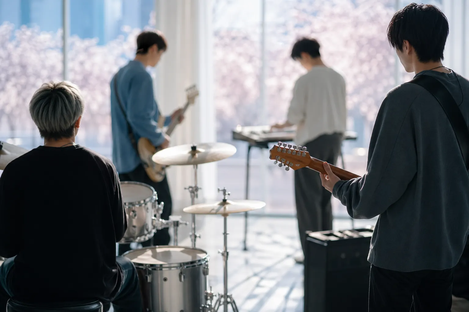 QWER 4월 컴백 concept image showing a bright Seoul K-band comeback atmosphere for CEREMONY