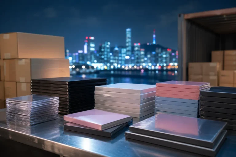 Illustrative concept image for K팝 앨범 수출 1억달러 showing generic music albums prepared for global export from Seoul