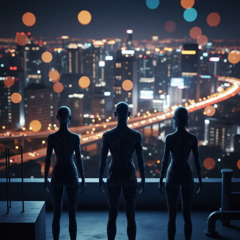 Silhouette of three figures on a Seoul rooftop at night, representing BTS, with city lights bokeh in the background.