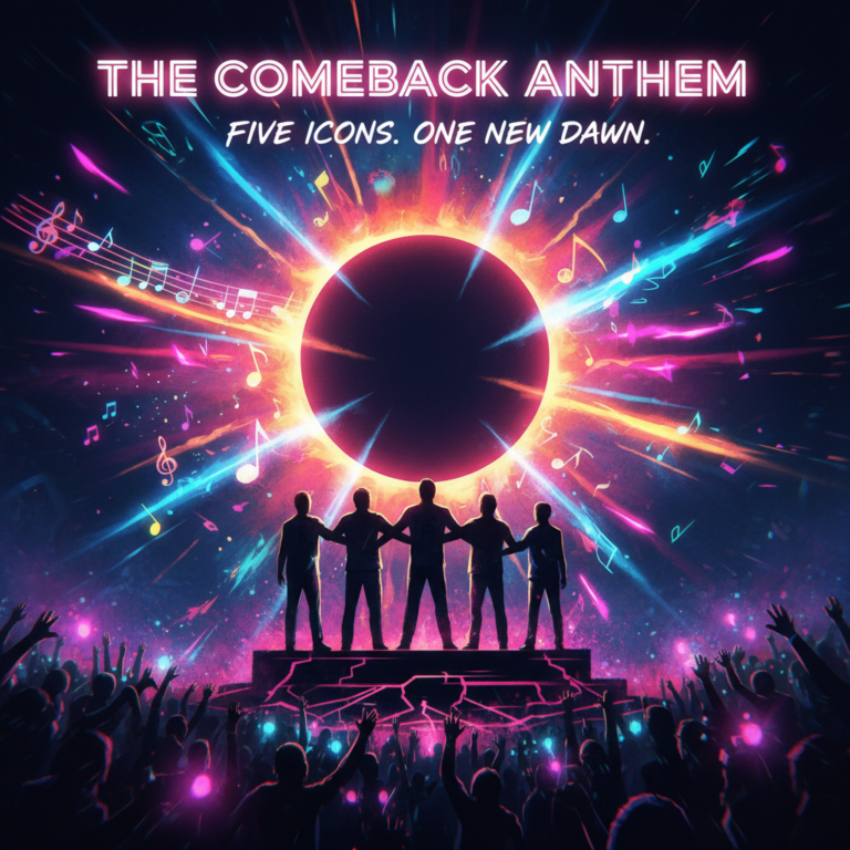 Thumbnail showing five silhouettes of a music group under an eclipse with musical notes and neon flares