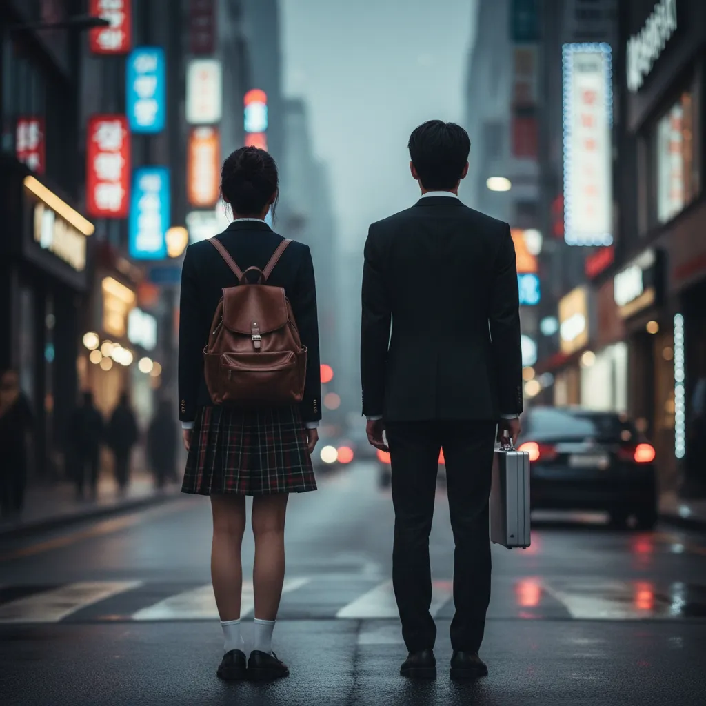 Thumbnail showing two idol silhouettes representing V's school-uniform style and Cha Eun-woo's polished look on a Seoul street