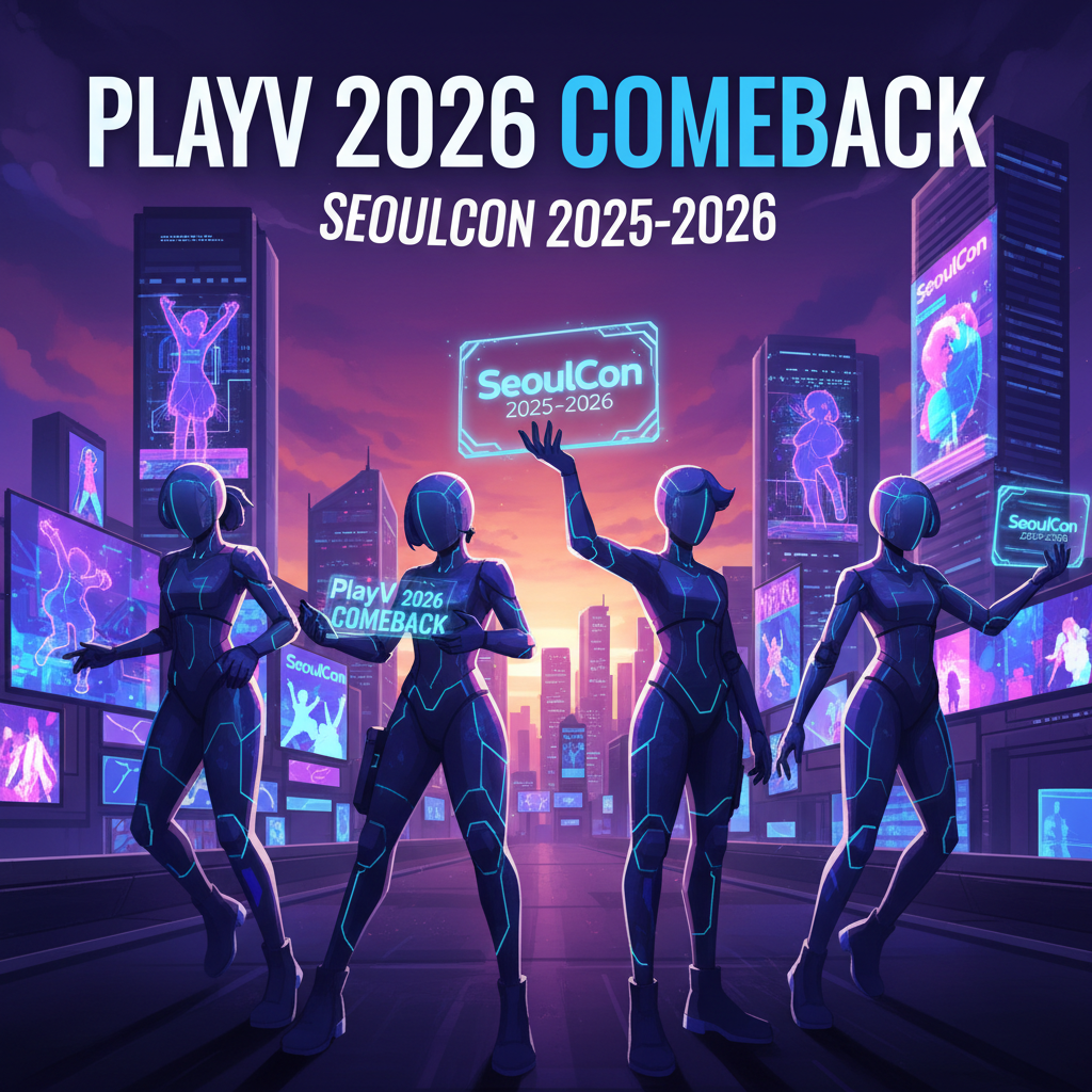 Thumbnail showing PlayV 2026 comeback with PLAVE promoting SeoulCon 2025-2026 over a neon-lit Seoul skyline, featuring holographic silhouettes of virtual avatars.