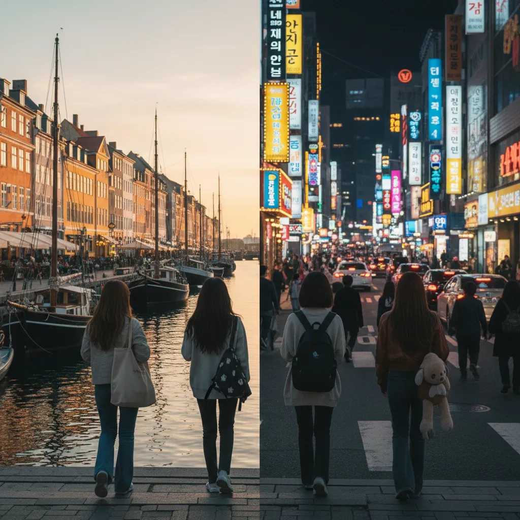 Split view of Copenhagen canal and Seoul street with silhouettes of four figures walking, symbolizing NewJeans Denmark visit