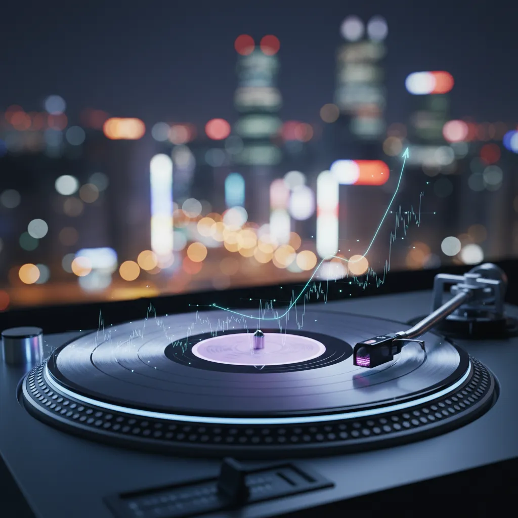 Thumbnail showing a glowing vinyl record with a rising chart line over a blurred Seoul night view, representing Le Sserafim’s April comeback and chart re‑entry