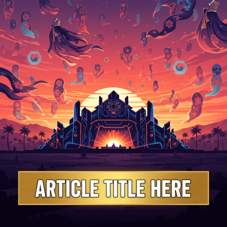 Thumbnail image for article 'Psy Coachella 2026: Current Updates and Related Korean Performances' showing a silhouette stage with desert sunset and Korean motifs