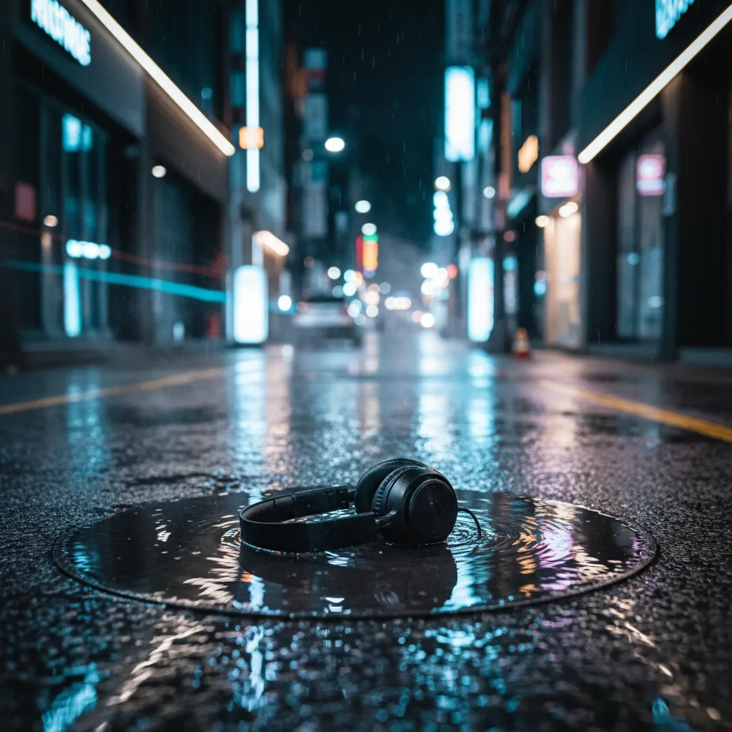 Reflective headphones on a wet Seoul street at night, symbolizing Park Ji Hoon's RE:FLECT album