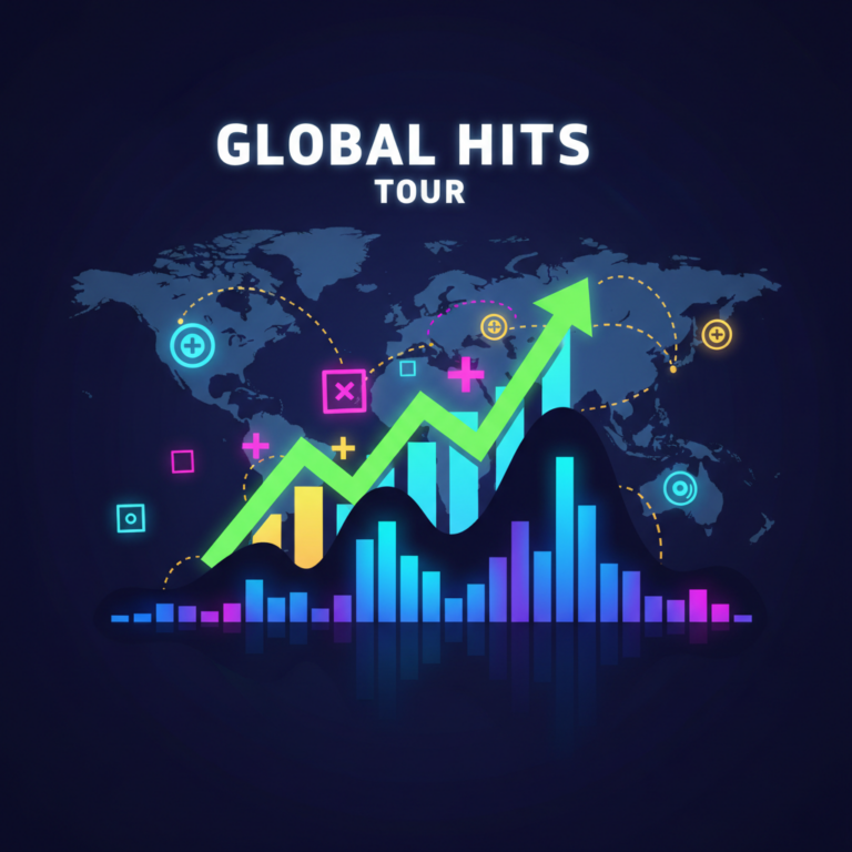 Thumbnail showing a colorful musical wave silhouette with chart bars, album icons, and a world map tour route, representing BTS's viral swim, chart dominance, album milestones, and global tour plans
