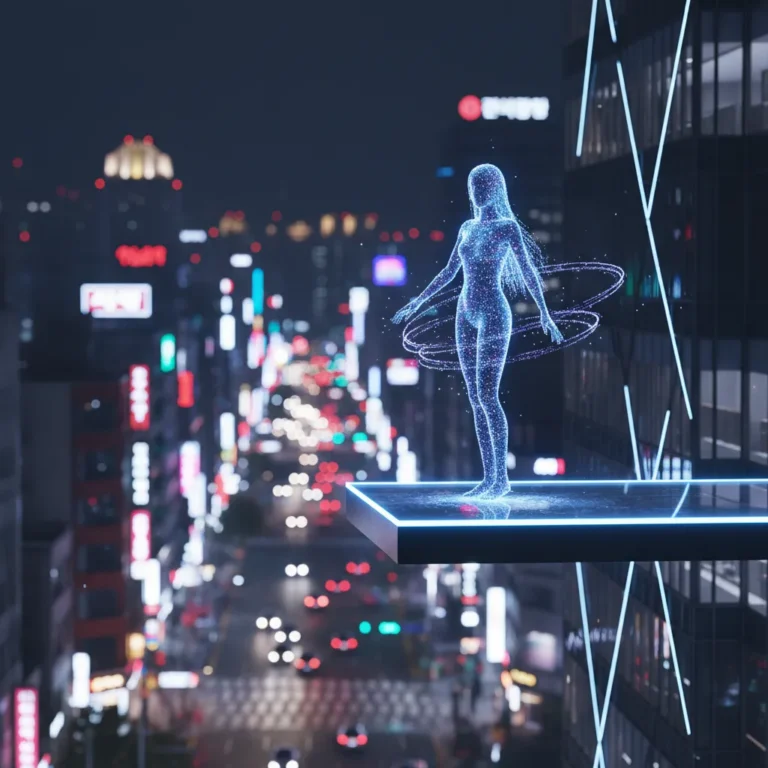 Silhouette of a virtual idol performing on a holographic stage overlooking a neon-lit Seoul street at night