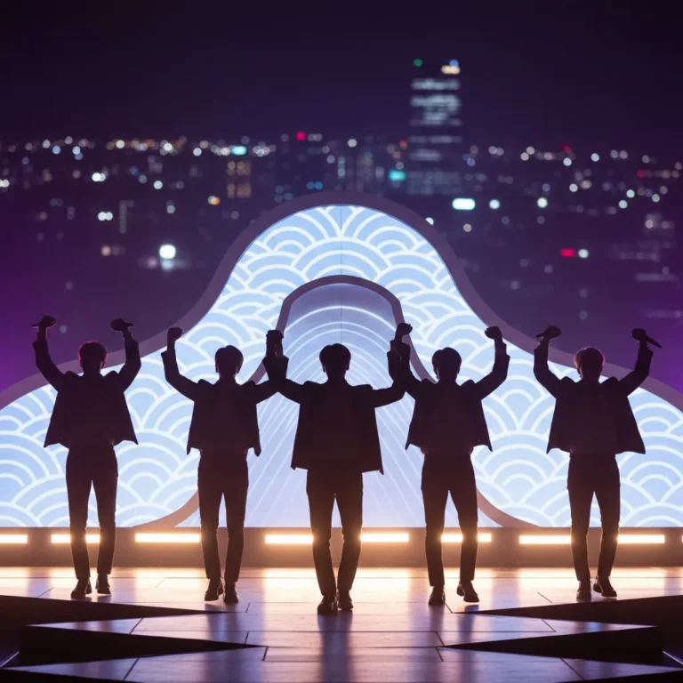 Silhouette of BTS-inspired performers on stage with Arirang motif and Seoul skyline, representing the Arirang World Tour