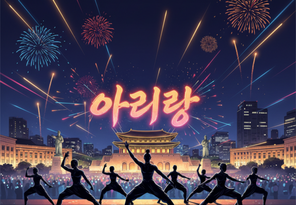 Thumbnail showing silhouettes of seven performers on a lit stage at Gwanghwamun Square with the album title 'ARIRANG' glowing above, fireworks in the background