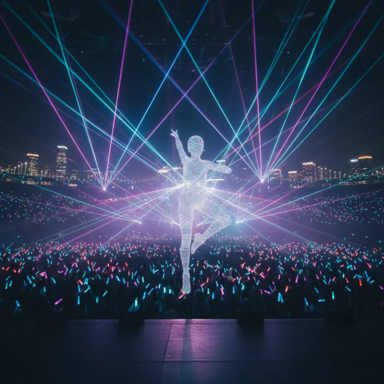Thumbnail showing a holographic virtual idol silhouette on a concert stage with laser lights and a blurred crowd, representing the mainstream rise of virtual idols in K‑pop